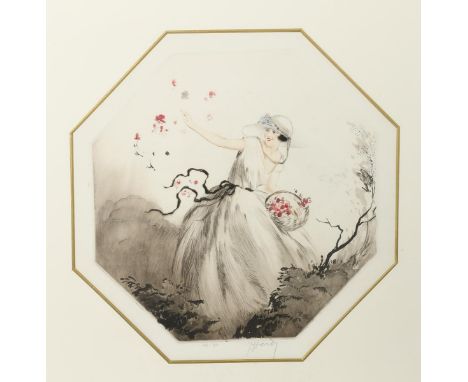 Jean Hardy Lady throwing flowers, etching and aquatint on paper, framed signed in pencil, numbered 149 - 3/0, printed printer