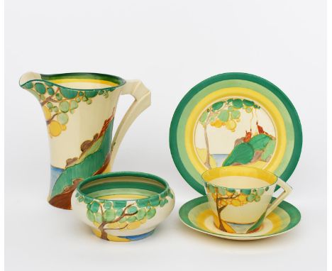 'Secrets' a Clarice Cliff Conical tea trio, comprising cup, saucers and side plate, painted in colours, a Clarice Cliff 'Secr