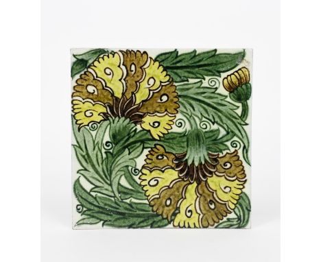 A large William De Morgan Sand's End Pottery Double Carnation tile, painted in shades of yellow, green and brown on a white g