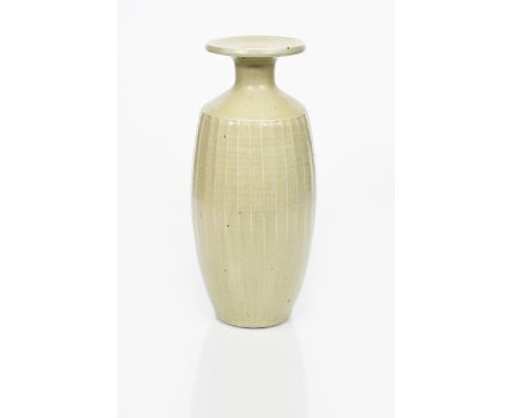 ‡ David Leach OBE (1911-2005) a Lowerdown Pottery cut-sided porcelain bottle vase with collar neck and flaring rim, covered t