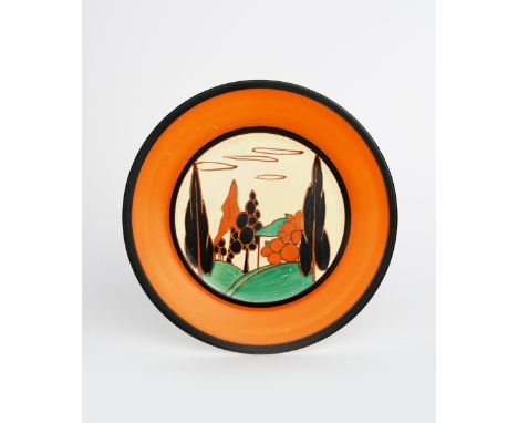 'Orange Trees and House' a Clarice Cliff Fantasque Bizarre plate, painted in colours inside orange and black bands, printed f