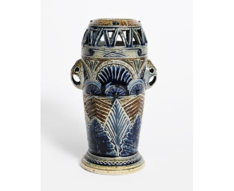 A rare early Martin Brothers stoneware vase by Robert Wallace Martin, dated 1874, made at Pomona House, shouldered form incis