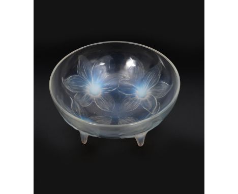 'Lys' no. 382 a Lalique opalescent bowl designed by Rene Lalique,  on four glass stem feet, stencilled R Lalique France and c