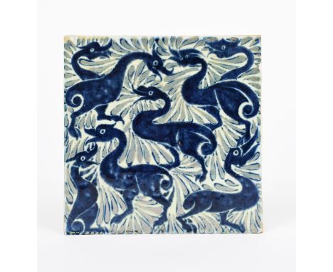 A William De Morgan Early Fulham Period Fantastic Ducks tile, painted in shades of blue and silver lustre on a white ground w