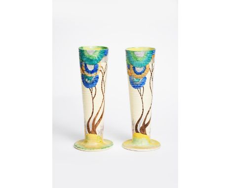 'Aurea' a pair of Clarice Cliff Bizarre ribbed vases, shape no.613, flaring form, painted in colours printed factory marks, 3