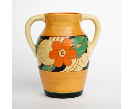 'Floreat' a Clarice Cliff Fantasque Bizarre Twin-handled Isis vase, painted in colours between yellow, orange and black bands