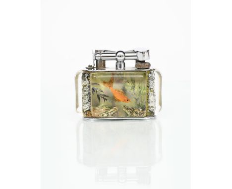 A Dunhill Giant Aquarium lighter by Ben Shillingford, perspex panels reverse decorated with an exotic fan tailed fish, the re