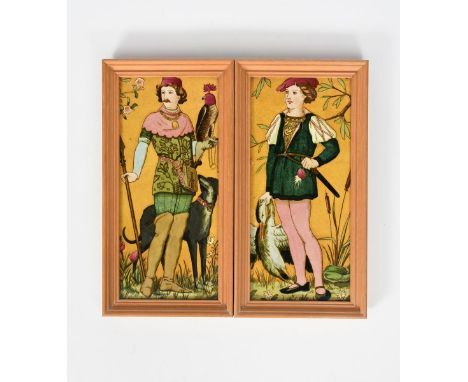 A pair of Minton's tile plaques, each painted with young medieval hunter, one with a hound and hawk, the other holding a bird
