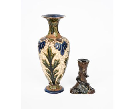 An unusual C I C Bailey Fulham Pottery grotesque candlestick,  modelled as a snake entwined around a tree trunk, glazed brown