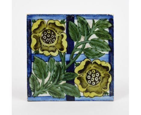 A William De Morgan Chelsea Period Curzon Rose Trellis tile, painted with a rose and trellis design in green, yellow, brown a