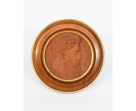 Brightwen Binyon a terracotta roundel portrait, dated 1877, modelled in relief, in wooden frame 22cm diam (plaque) Catalogue 