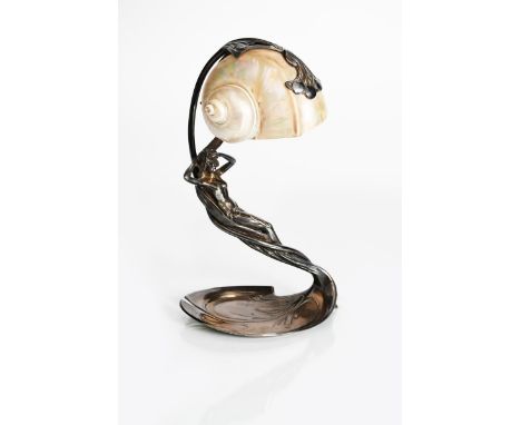 Moritz Hacker (1849-1932) an Art Nouveau electroplated figural table lamp with nautilus shell shade, model no.120,  cast in r