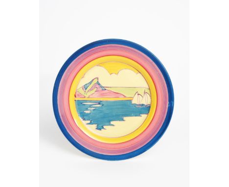 'Gibraltar' a Clarice Cliff Fantasque Bizarre plate, painted in colours inside yellow, pink and blue bands, printed factory m