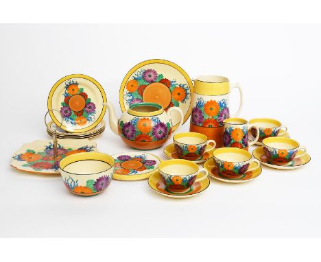 'Gay Day' a Clarice Cliff Bizarre part tea service, painted in colours, comprising; Globe teapot, teapot stand,  tall water j