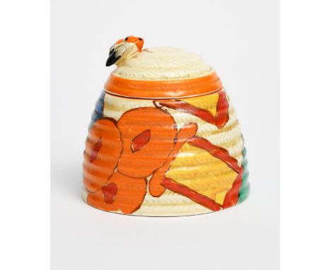 'Bobbins' a Clarice Cliff Fantasque Bizarre Beehive Honeypot and cover, painted in colours printed factory marks, 9cm. high (