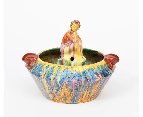 'Delecia' a Clarice Cliff Iberis bowl and figural flower brick, modelled in low relief and painted with running colours print