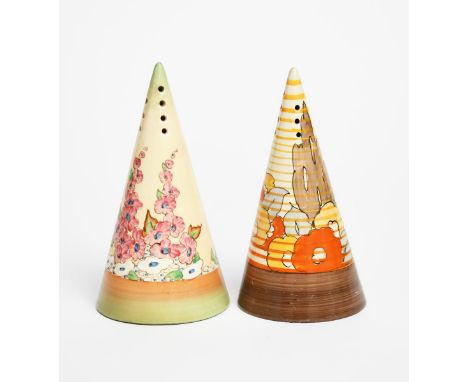 'Orange Capri' a Clarice Cliff Conical sugar sifter, painted in colours, and a Clarice Cliff 'Hollyhocks' pattern Conical sug