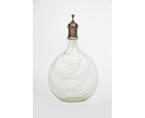A James Powell &amp; Sons Whitefriars Sea Green glass Bellows decanter and silver stopper designed by Harry Powell,  flattene