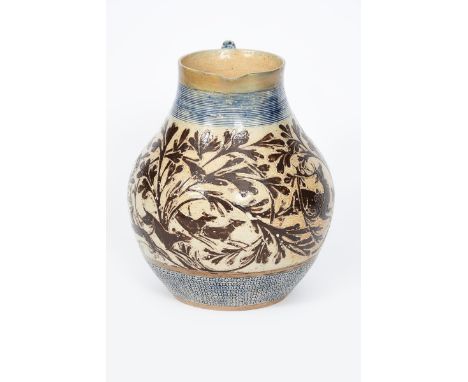 An early Martin Brothers stoneware Hunting jug by Robert Wallace Martin, dated 1875, ovoid with collar neck, incised with a p