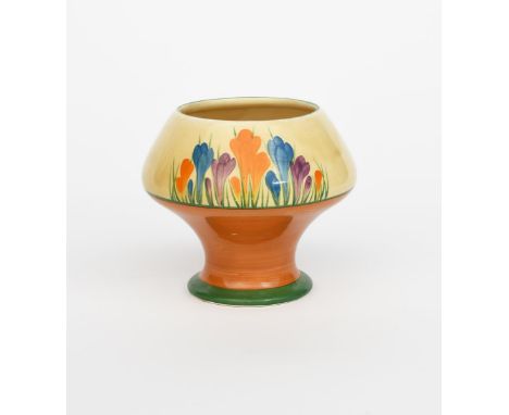 'Crocus' a Clarice Cliff Bizarre vase, shape no. 341, painted in colours above brown and green bands, printed factory marks, 