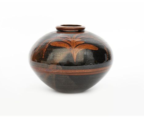 ‡ David Leach OBE (1911-2005) a Lowerdown Pottery stoneware vase, compressed ovoid form, covered to the foot in a tenmoku gla