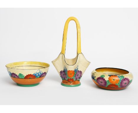 'Gay Day' a Clarice Cliff Bizarre Elegant flower basket, painted in colours, and two 'Gay Day' bowls, printed factory marks, 