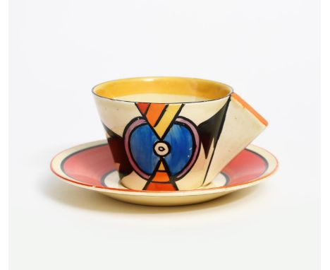 'Lightning' a Clarice Cliff Bizarre Conical cup and saucer, painted in colours, printed factory marks, 7cm. high (2)
