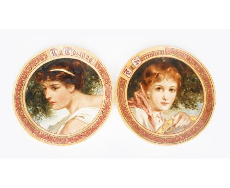 A pair of Aesthetic Movement pottery plaques by M S Oliver, each painted with a portrait, entitled La Toscana and La Sorrenti