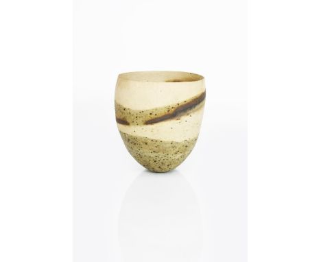 ‡ Jennifer Lee (born 1956) an early hand built stoneware  vase, (JL23) speckled olive base, haloed with dark ashed bands, pal