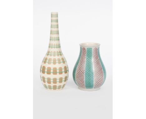 A Poole Pottery Contemporary vase designed by Alfred Read, pattern X/PQB, ovoid with tall, tapering neck, painted with bands 