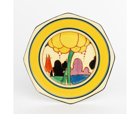 'Summerhouse' a Clarice Cliff Fantasque Bizarre plate, painted in colours inside blue, black and yellow bands, printed factor