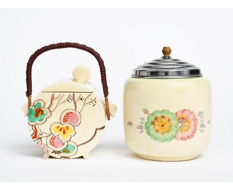 'Passionfruit' a Clarice Cliff Bonjour biscuit barrel and cover, painted in colours, with wicker handle, and another biscuit 
