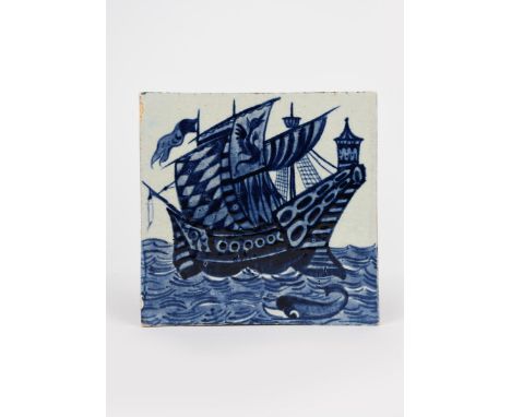 A William De Morgan Early Fulham Period Galleon tile, painted with a ship at full sail on a choppy sea, a dolphin swimming in
