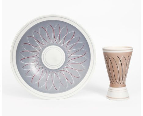 A Poole Pottery Contemporary vase designed by Alfred Read, pattern X/PRB, waisted cylindrical vase painted with geometric ban