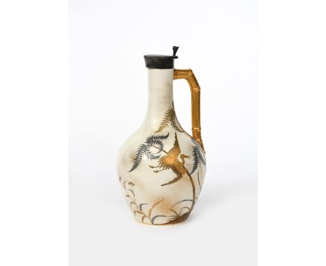 A Royal Worcester Aesthetic Movement ewer with silver mount and cover,  decorated with a crane flying past stylised bamboo st