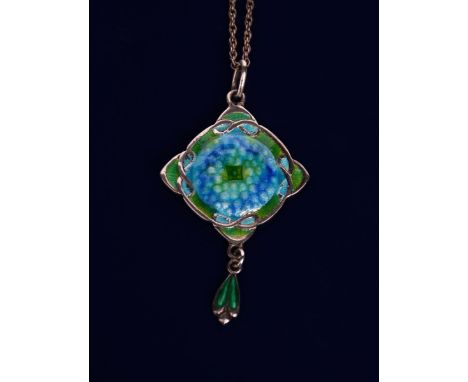 A James Fenton silver and enamel pendant necklace, square section cast in low relief, enamelled in shades of green and blue, 