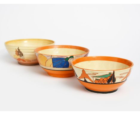 'Melon' a Clarice Cliff Fantasque Bizarre bowl, painted in colours between orange bands, a Clarice Cliff' Orange Trees and Ho