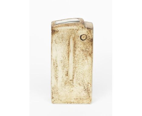 An unusual Troika Pottery vase by  Benny Sirota, rectangular form with offset rectangular neck, modelled in low relief with a