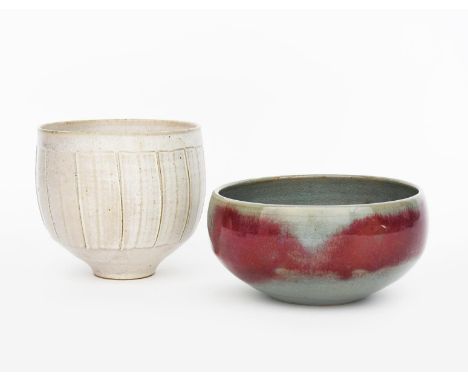 ‡ David Leach OBE (1911-2005) a Lowerdown Pottery fluted stoneware vase, covered to the foot with a matt Dolomite glaze, and 