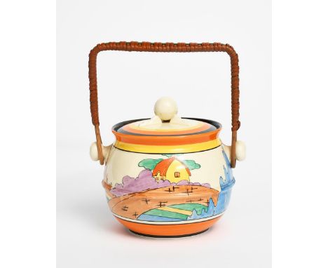 'Orange Roof Cottage' a Clarice Cliff Bizarre biscuit barrel and cover,  shape no.335, painted in colours, printed factory ma
