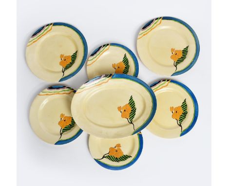 'Lodore' a Clarice Cliff part service, printed and painted in colours, comprising, small platter, two dinner, side and entree
