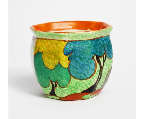 'Cafe Au Lait Autumn' a Clarice Cliff Bizarre Chester Fern Pot, painted in colours on a mottled green ground, printed factory