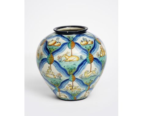 A Ulisse Cantagalli Pottery vase, ovoid, shouldered form with collar rim, painted with panels of wild animals, birds and buil