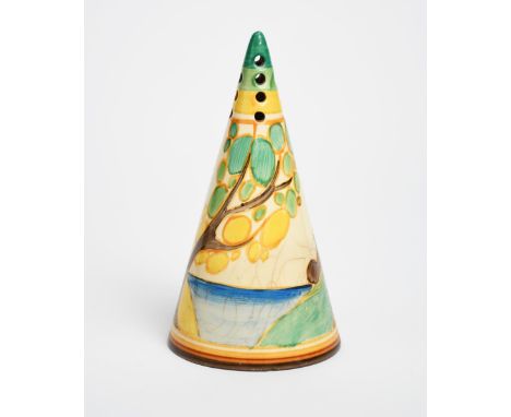 'Secrets' a Clarice Cliff Fantasque Bizarre Conical sugar sifter, painted in colours between green, yellow and brown bands, p
