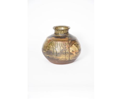 ‡ Janet Leach (1918-1997) a large Leach Pottery hamstone vase shouldered form with collar neck, with brushed and splashed gla