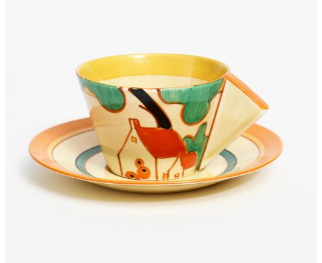 'Red Roofs' a Clarice Cliff Fantasque Bizarre Conical cup and saucer, retailed by Lawleys,  painted in colours printed factor