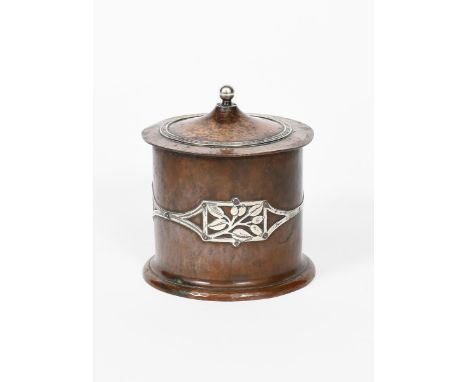 A mixed metal copper biscuit box and cover probably A E Jones, model no.2443,  cylindrical hammered copper body with flaring 