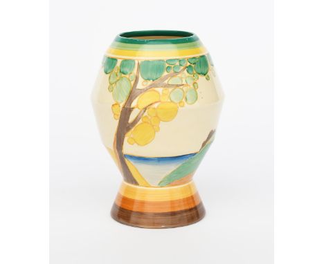 'Secrets' a Clarice Cliff Fantasque Bizarre 365 vase, painted in colours between green, yellow and brown bands, printed facto