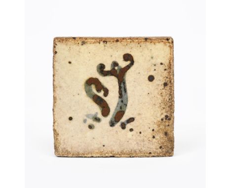 ‡ Bernard Leach CBE (1887-1979), attributed a small Leach Pottery tile, painted with two simple fern fronds in blue and tenmo