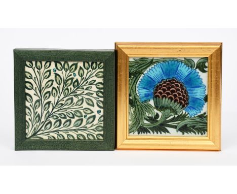 A William De Morgan Diagonal Leaf tile,  painted in shades of green and turquoise on a white ground, framed, and a Johnson co